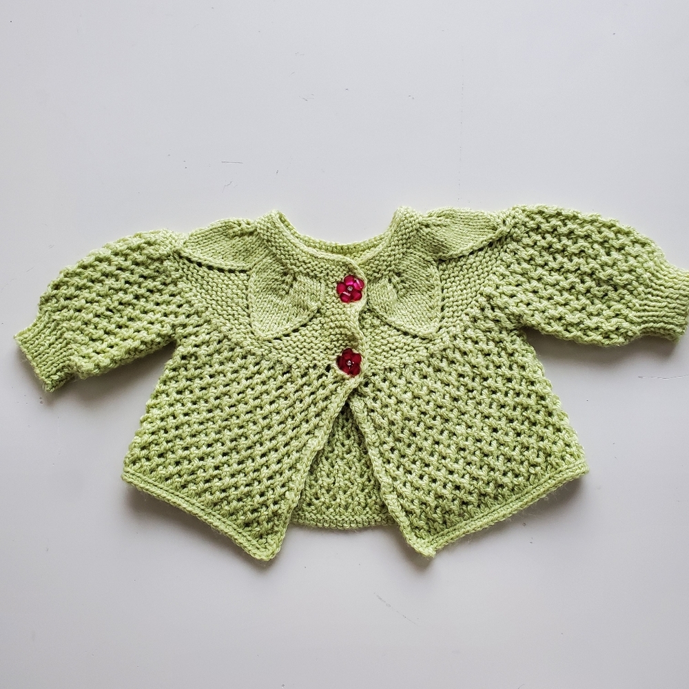 Green Soft Yarn Hand knit Cardigan Sweater with Irridescent With Diamond Buttons